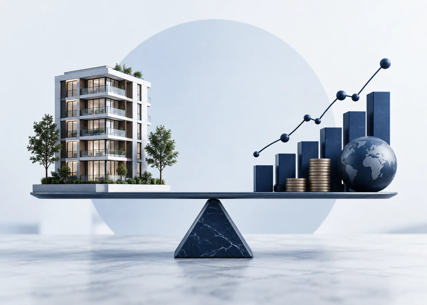 Ilustración de un edificio de departamentos y un gráfico de barras en equilibrio sobre una balanza, que representa la decisión entre comprar un inmueble o invertir en bolsa